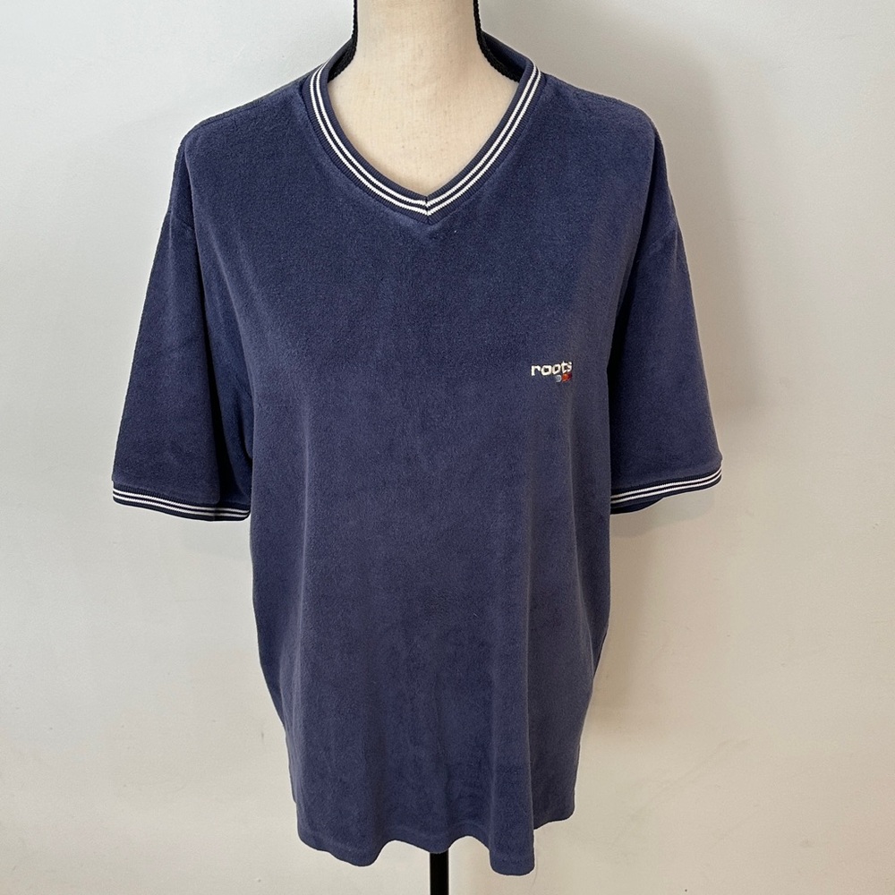 Roots Deep Blue V-Neck Terrycloth Top Tee sporty large resort casual Athleisure